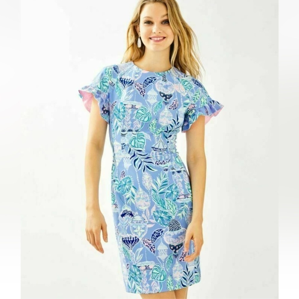 Lilly Pulitzer Kerstin Stretch Shift Dress In Blue Peri Lapis Lanterns Size 00